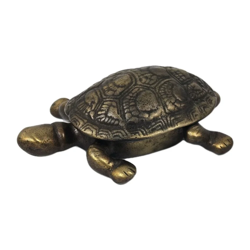 Antique Solid Brass Turtle Tortoise Hinged Trinket Box Etched Shell Patina 4.5